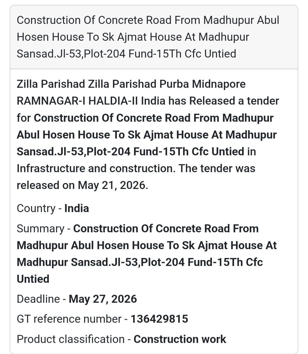 🛣️ Concrete Road Construction Tender |