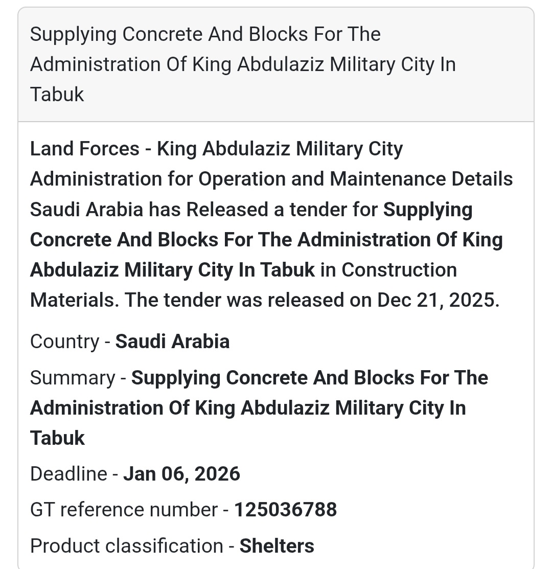 🧱 Construction Materials Tender – Saudi Arabia