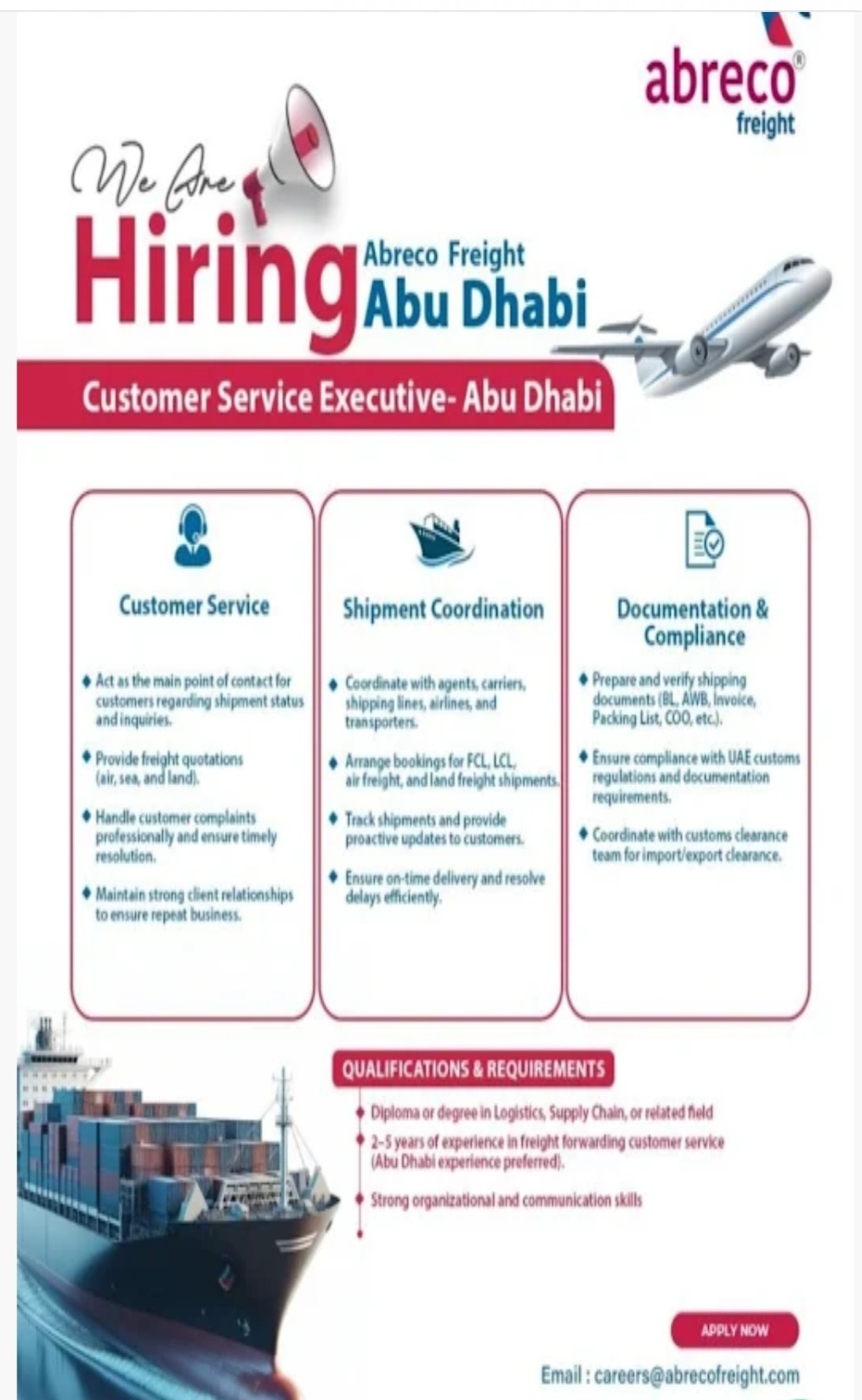 📦 CUSTOMER SERVICE EXECUTIVE – ABU DHABI