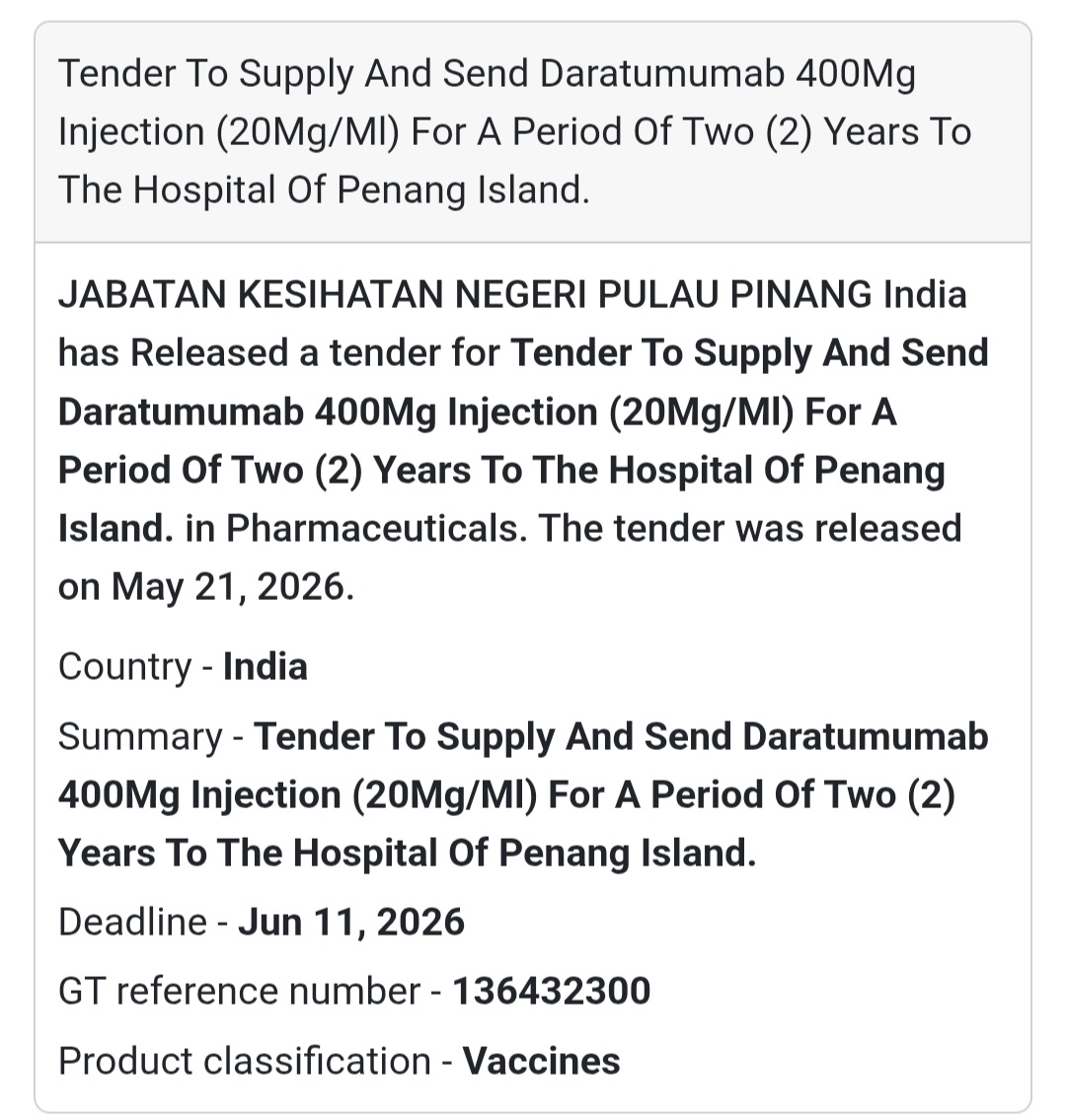 💉 Daratumumab Injection Supply Tender