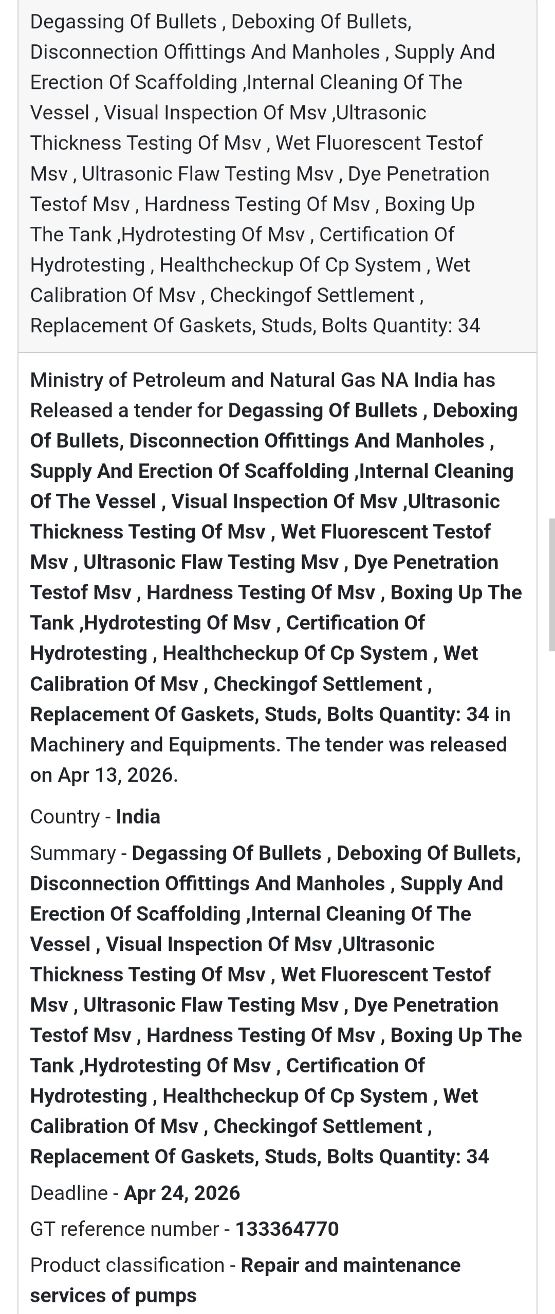 🔧 Degassing & Maintenance Services Tender