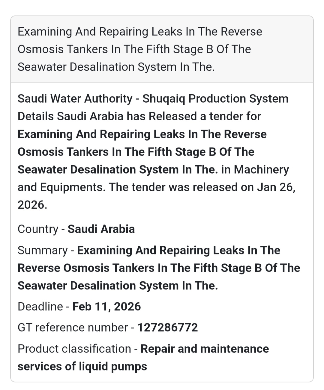 💧 Desalination System Maintenance Tender