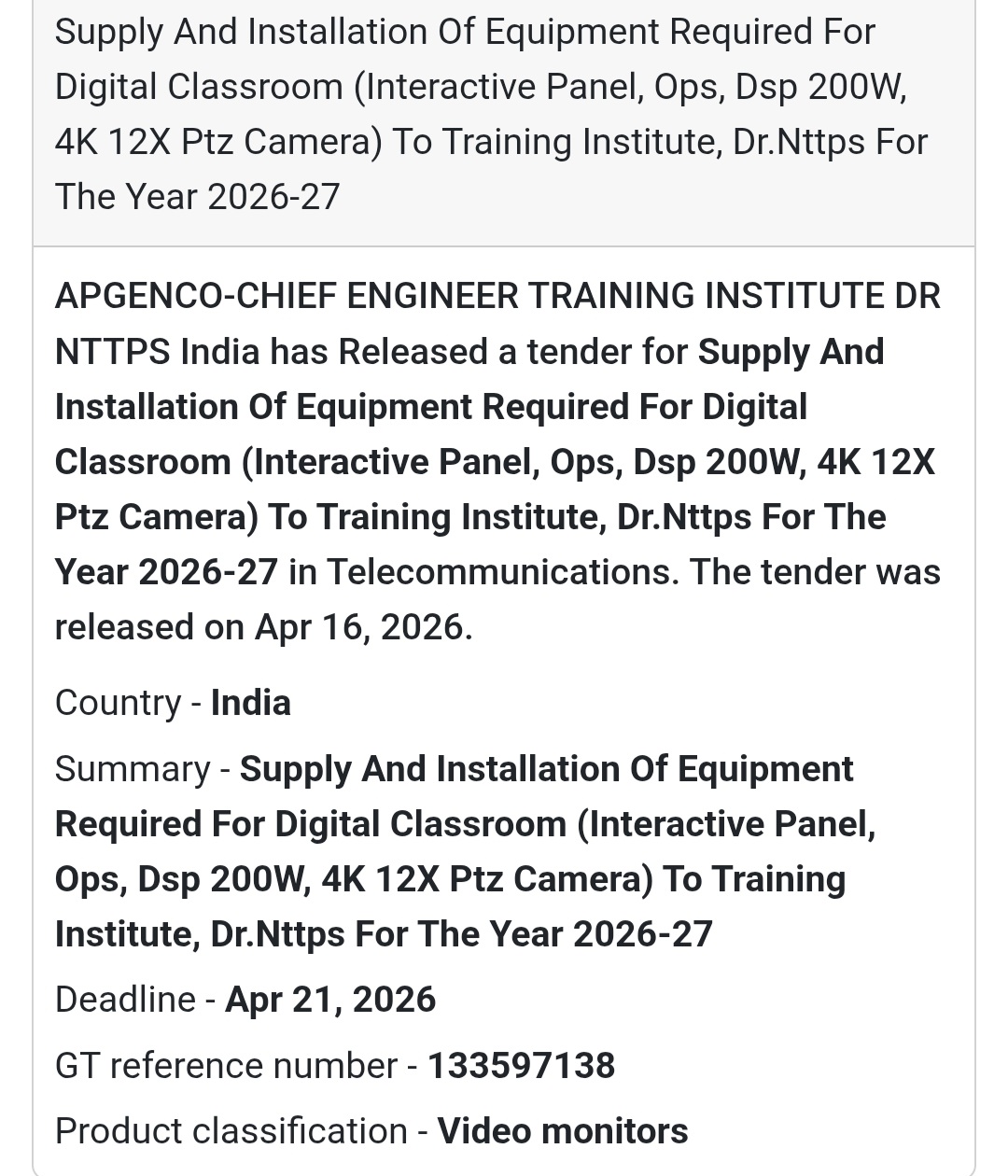 🖥️ Digital Classroom Equipment Tender