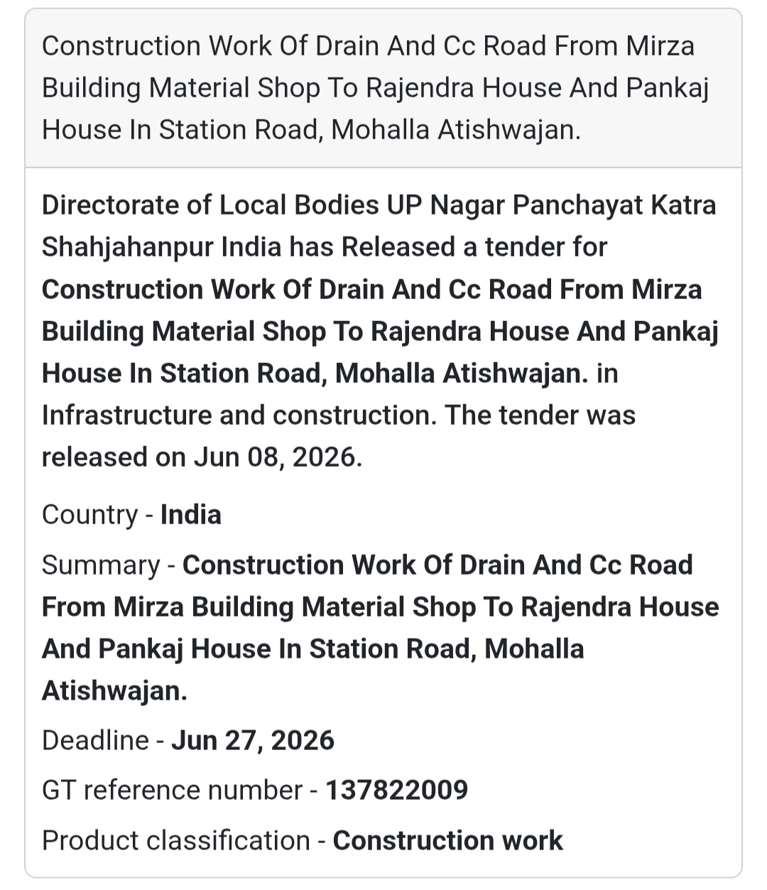 🛣️ Drain & CC Road Construction Tender | Katra Shahjahanpur 📍Shahjahanpur, Uttar Pradesh
