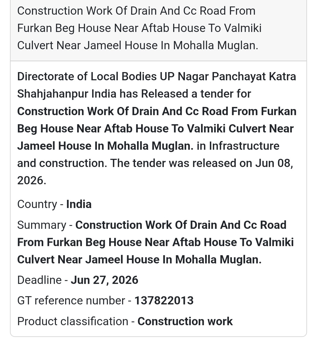 🛣️ Drain & CC Road Construction Tender | Mohalla Muglan 📍Shahjahanpur, Uttar Pradesh