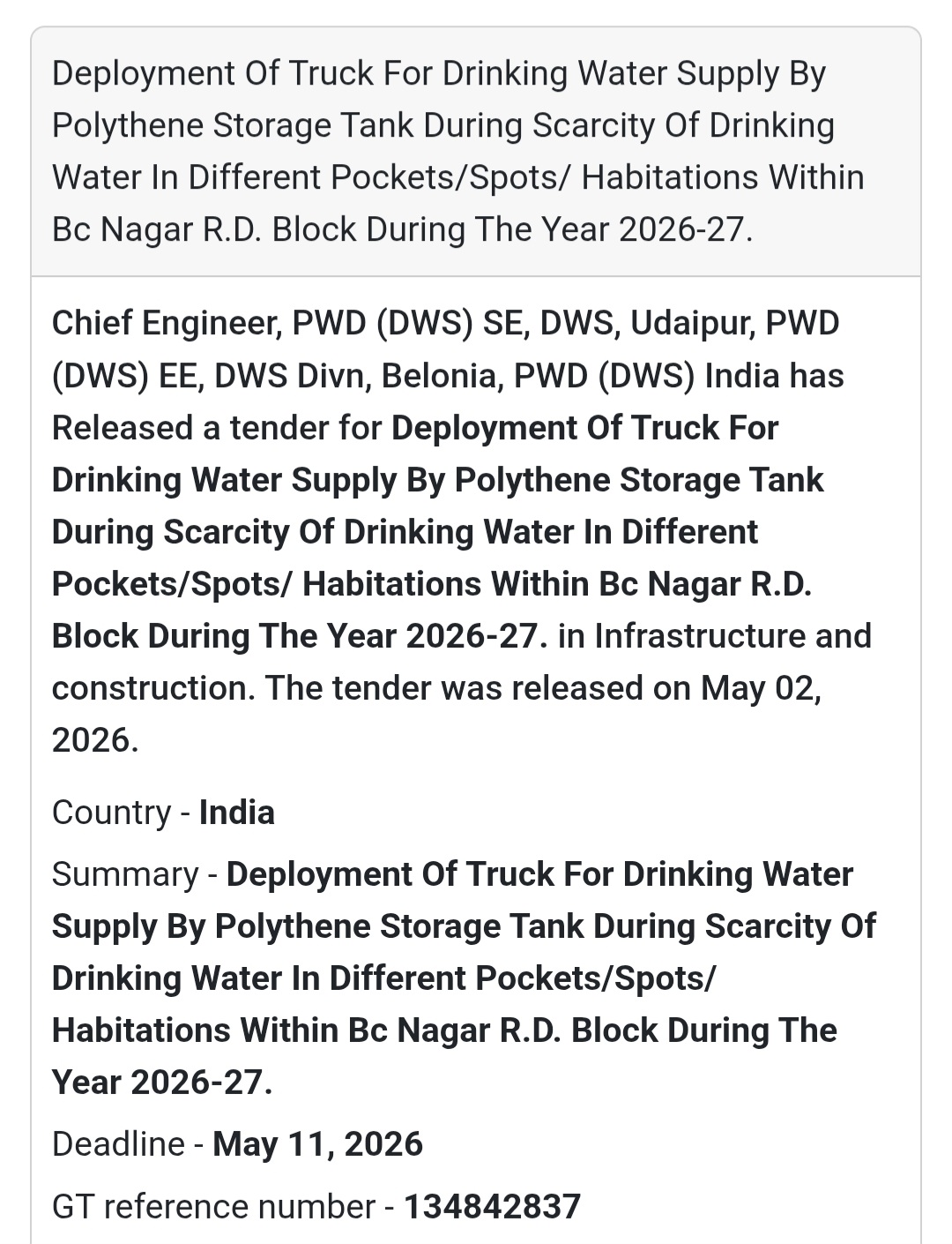 🚰 Drinking Water Supply (BC Nagar)