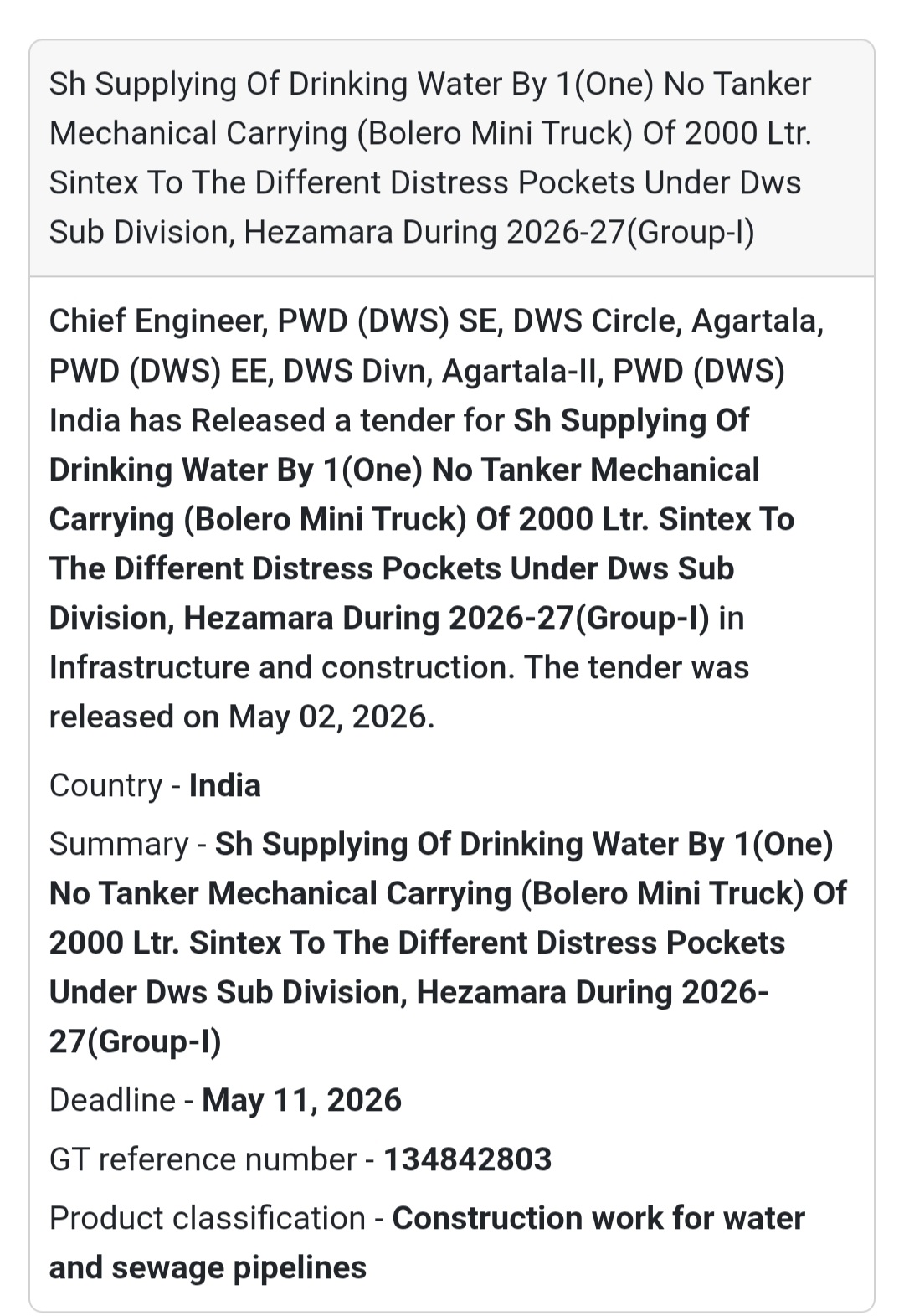 Drinking Water Supply via Tanker