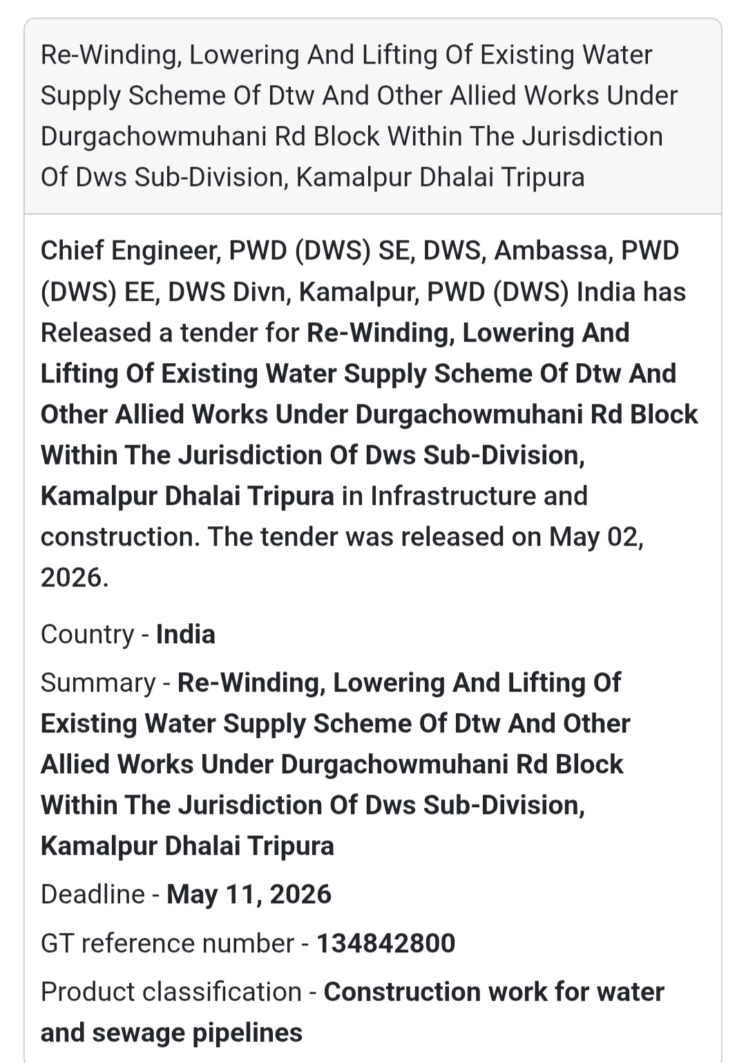 DTW Water Supply Scheme Work