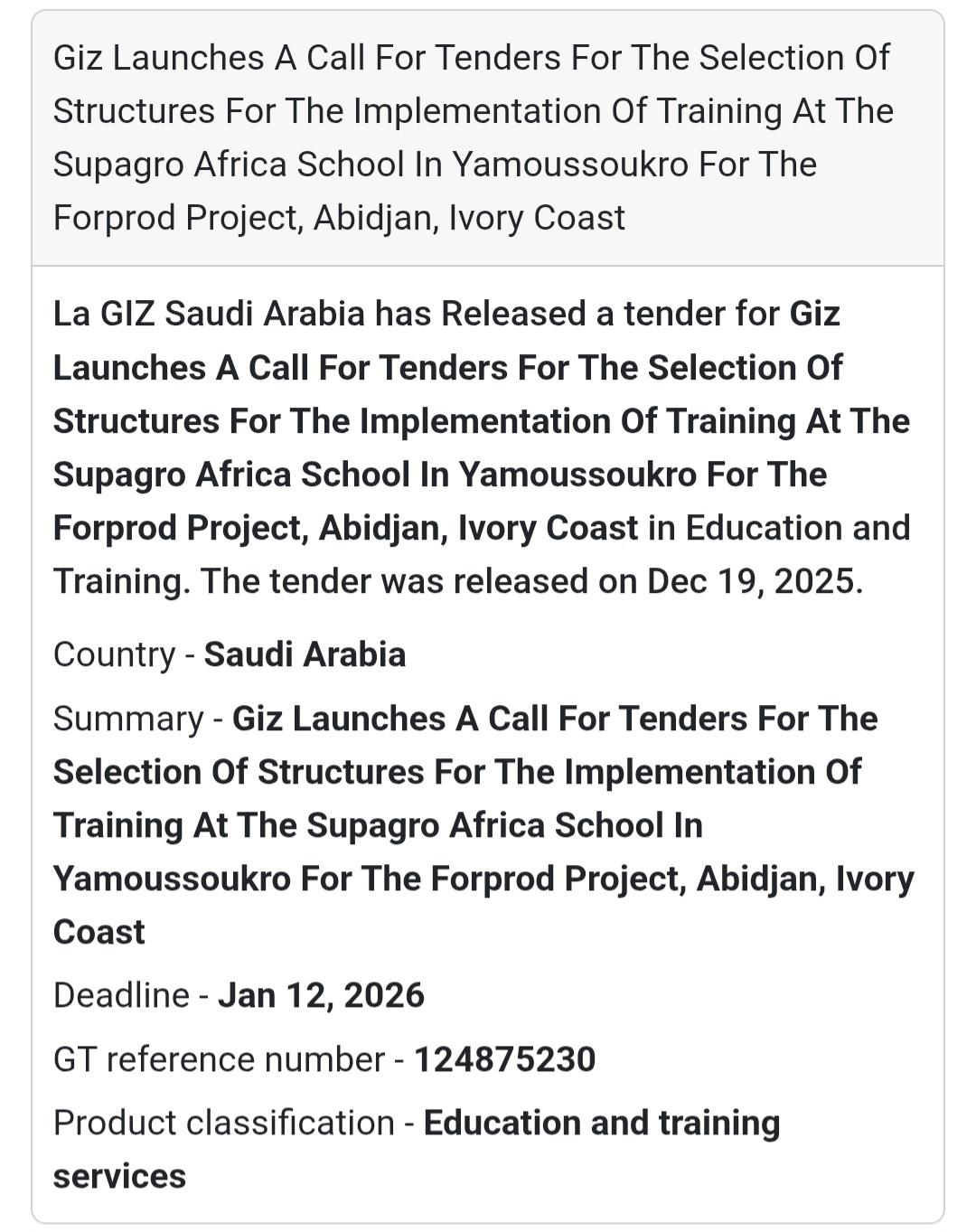 🔔 Education & Training Tender | Ivory Coast 🇨🇮