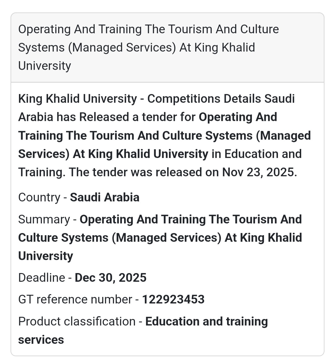 🎓 Education & Training Tender – Saudi Arabia