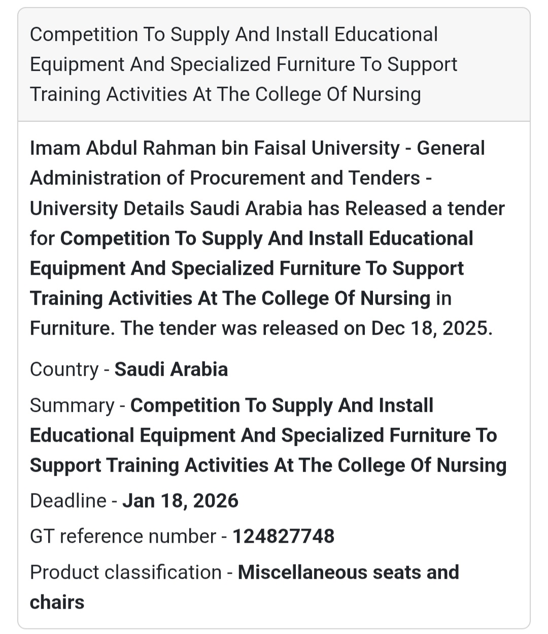 🔔 Educational Equipment & Furniture Tender | Saudi Arabia 🇸🇦