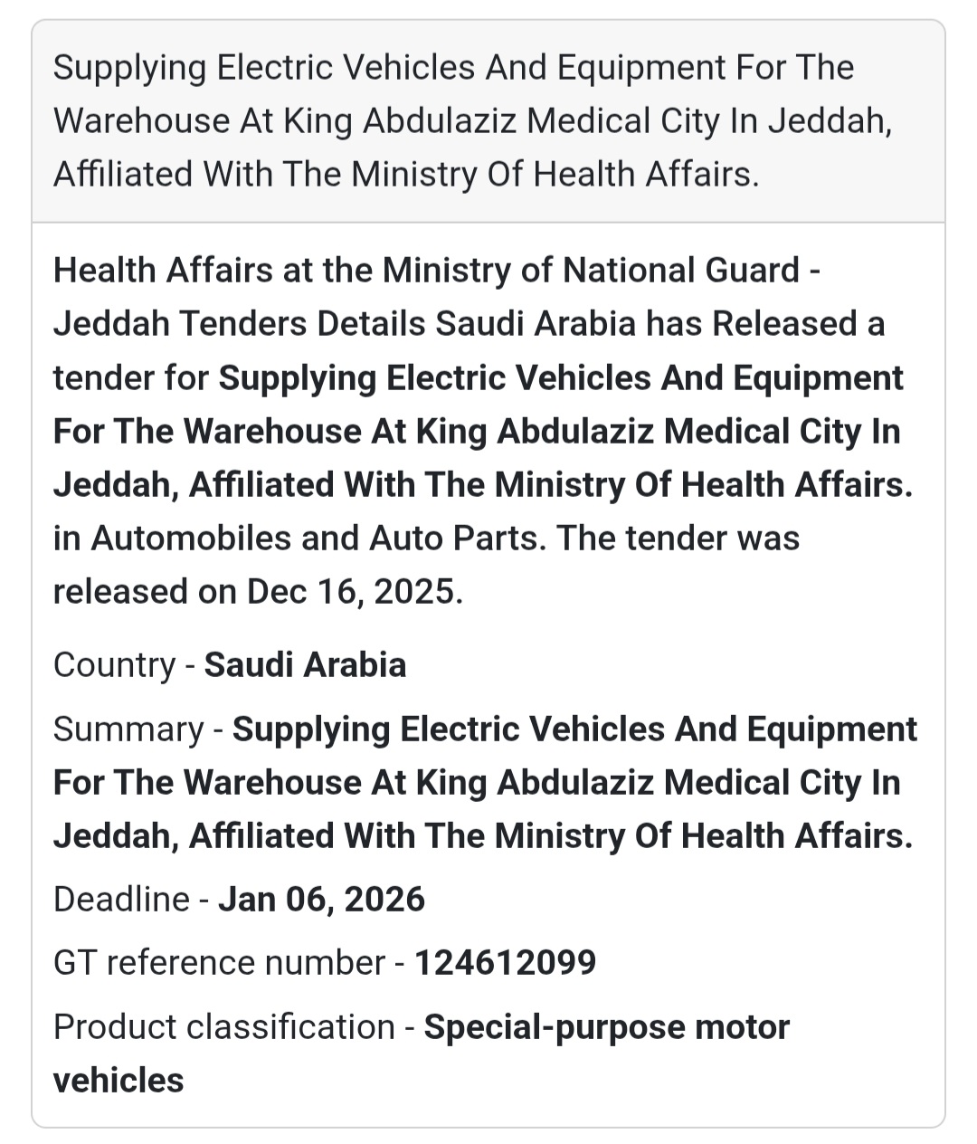 🔔 Electric Vehicles Tender | Saudi Arabia 🇸🇦