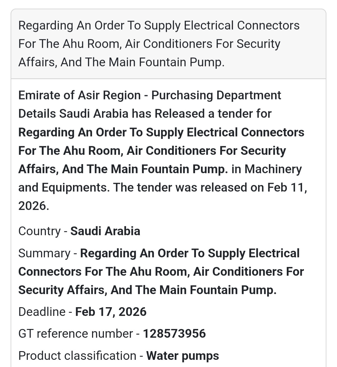 ⚡ Electrical Connectors – AHU Room & Main Fountain Pump (Asir Region)