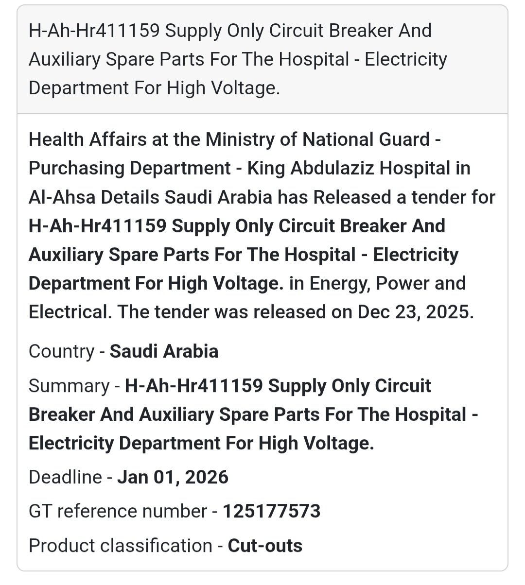 ⚡ Electrical & Energy Tender – Saudi Arabia 🇸🇦