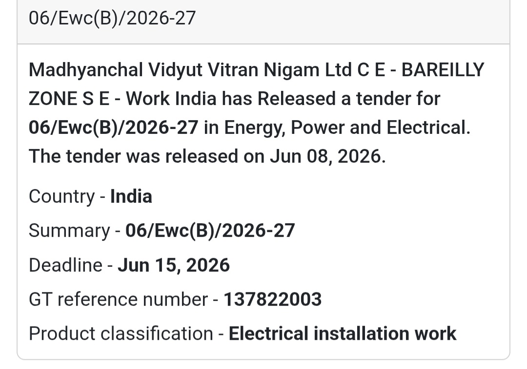 ⚡ Electrical Installation Work Tender | Bareilly Zone, Uttar Pradesh 📍Bareilly, Uttar Pradesh