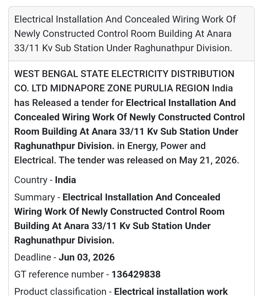 💡 Electrical Installation Work Tender | GT Ref No: 136429838