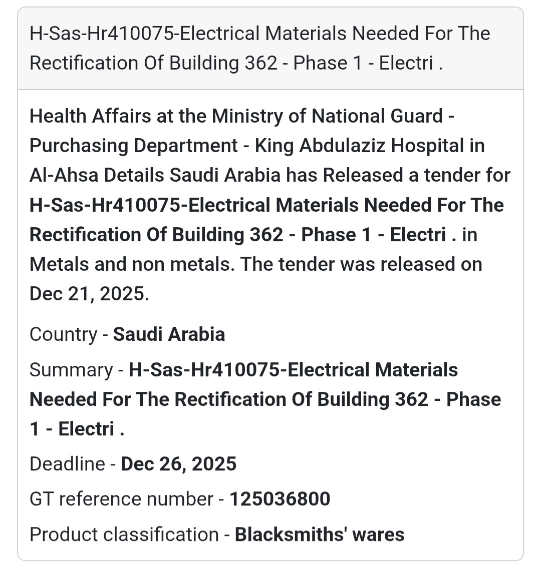 ⚡ Electrical Materials Tender – Saudi Arabia