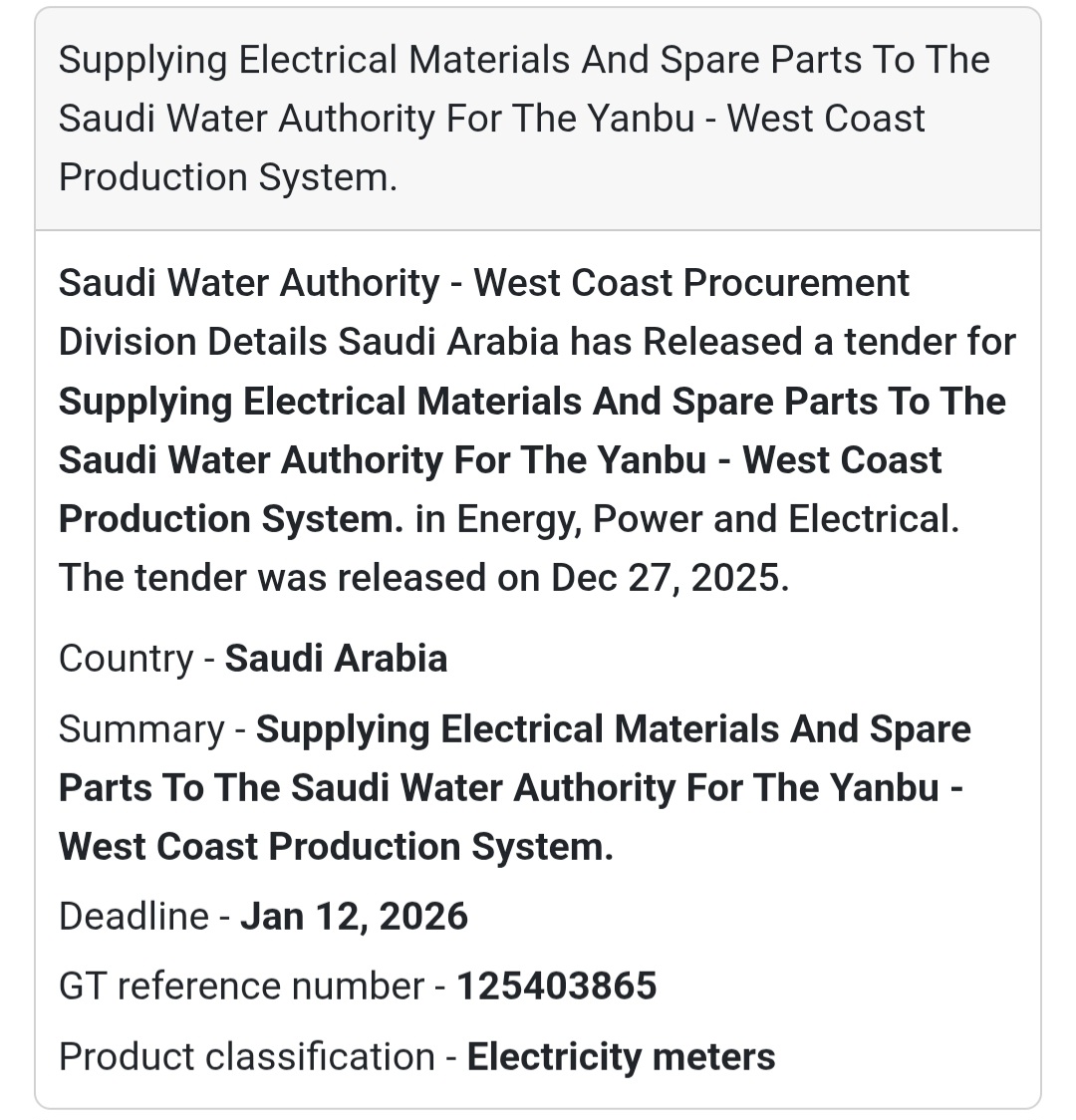 ⚡ Electrical Materials Tender | Yanbu 🇸🇦