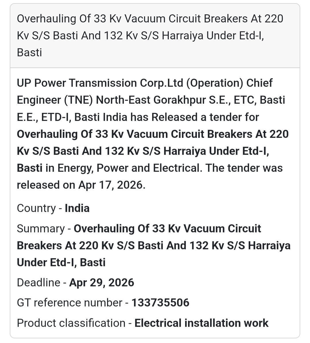 ⚡ Electrical Overhauling Work – Basti