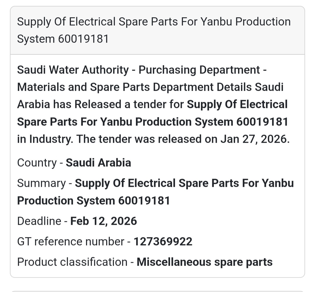 ⚙️ Electrical Spare Parts – Yanbu Production System (60019181) 🇸🇦 Saudi Arabia