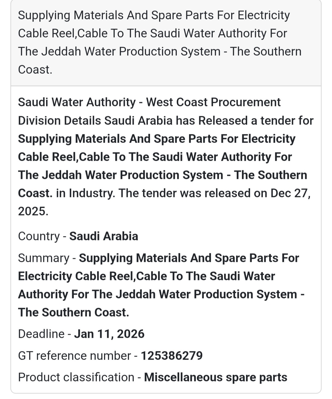 ⚡ Electricity Cable & Reel Supply Tender | Saudi Arabia 🇸🇦