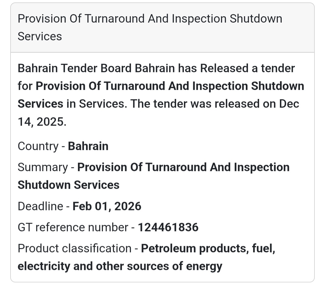 🔔 Energy & Industrial Services Tender | Bahrain 🇧🇭