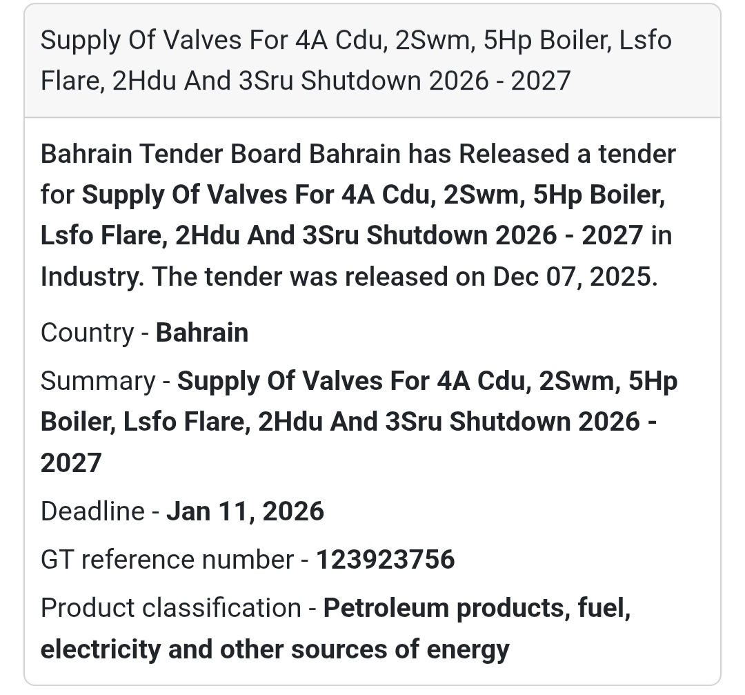 🚨 Energy Sector Valves Tender – Bahrain 🇧🇭⚙️
