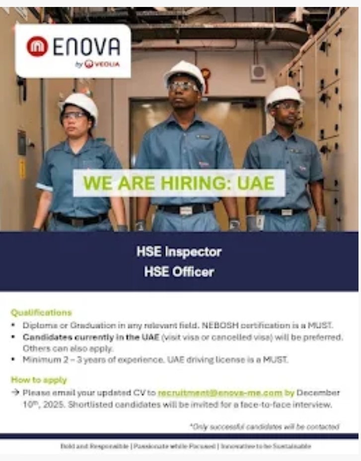 🦺 Enova by Veolia Hiring HSE Inspector & HSE Officer in UAE | Apply Now!