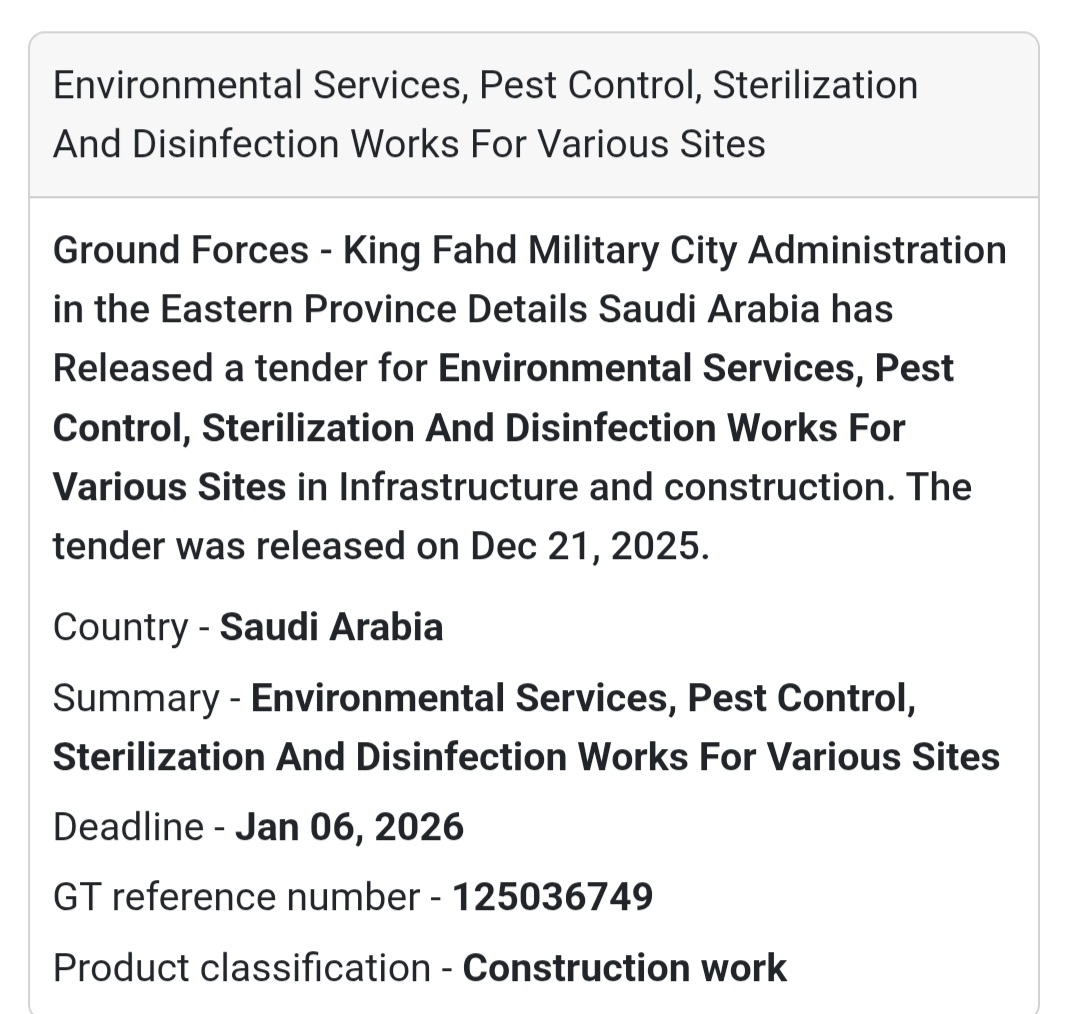 🌱 Environmental & Pest Control Services Tender – Saudi Arabia