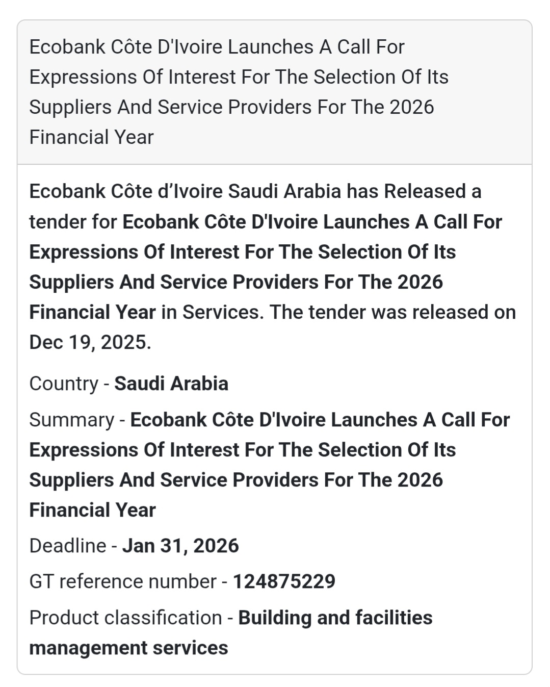 🔔 EOI – Facility & Services Providers | Côte d’Ivoire 🇨🇮