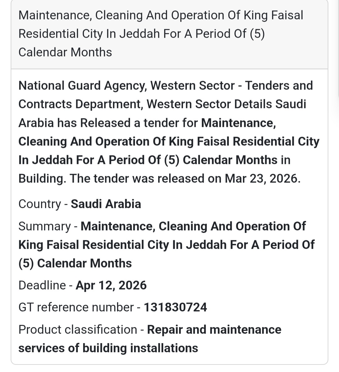 🏢 Facility Maintenance Tender – Jeddah