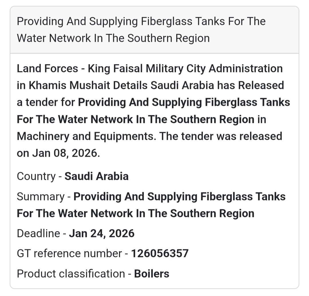 🚰 Fiberglass Tanks for Water Network – Southern Region