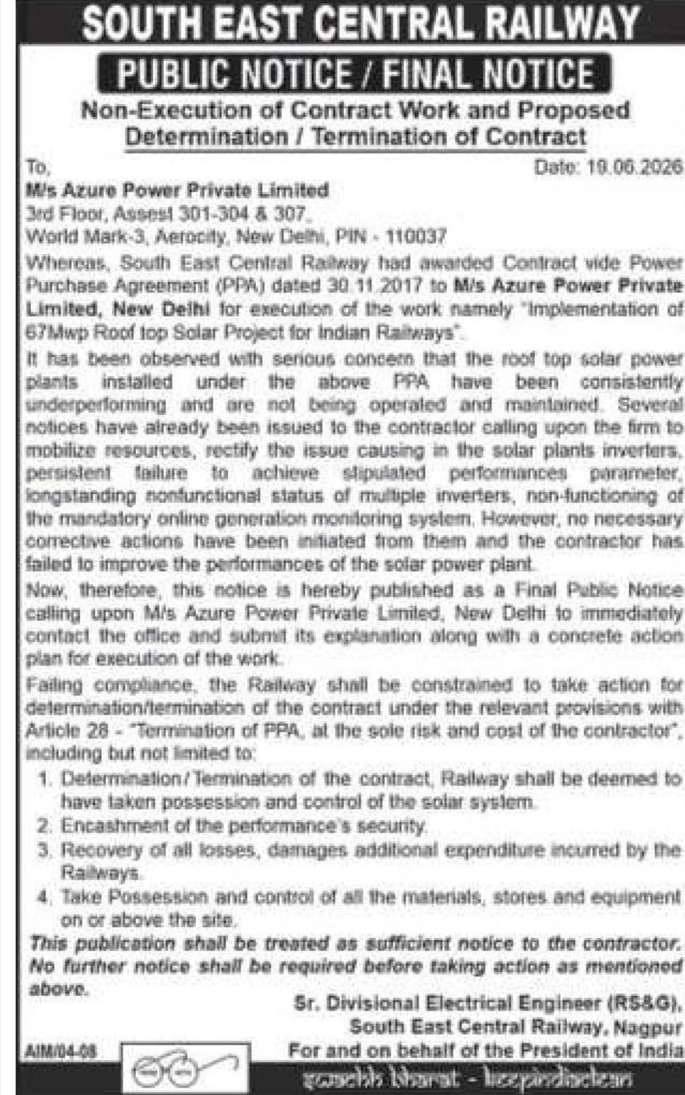 ⚠️ Final Public Notice – South East Central Railway