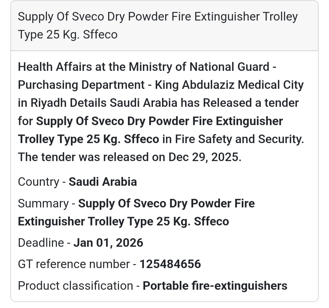 📢 Fire Safety Equipment Tender – Saudi Arabia 🇸🇦