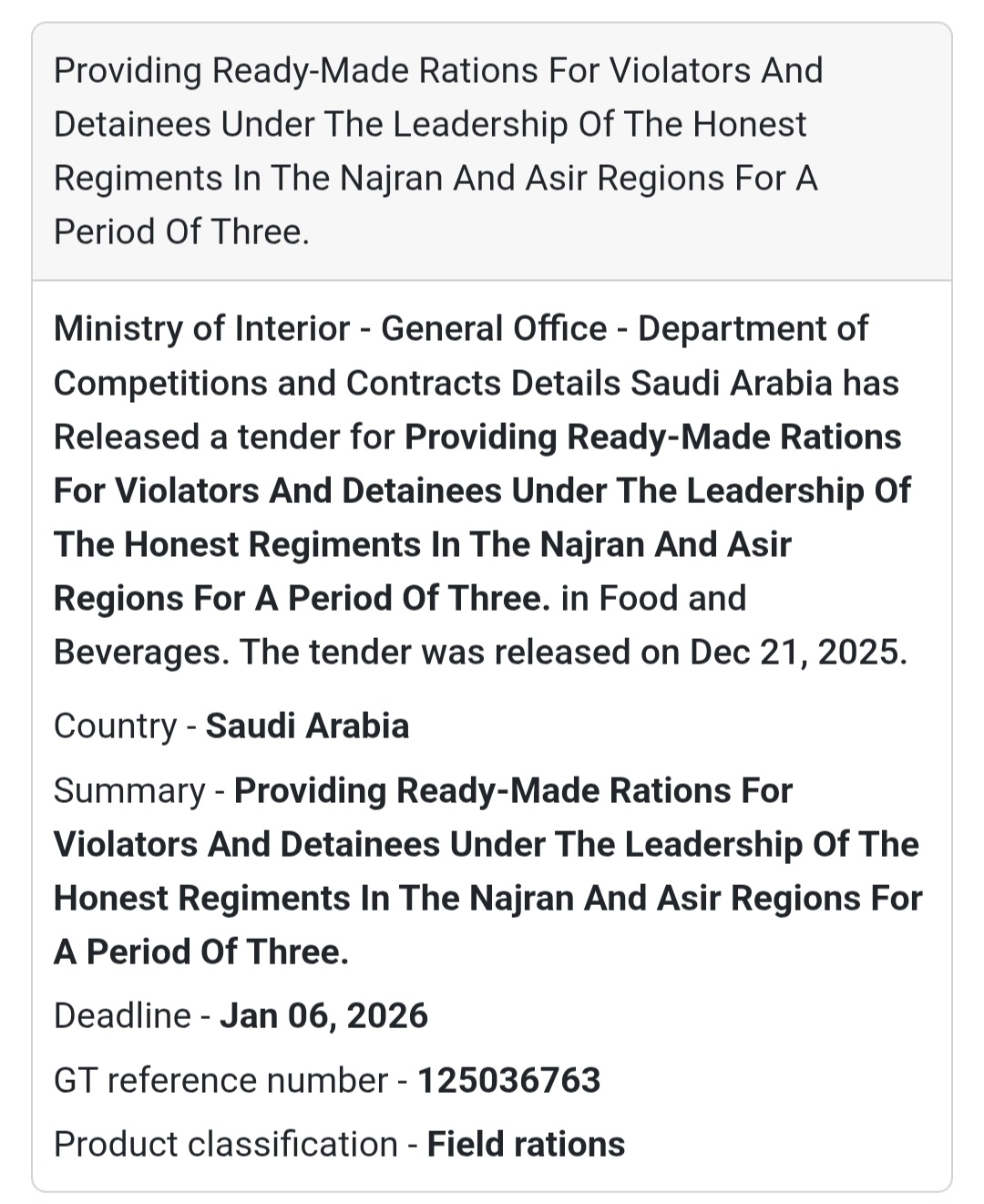 🍱 Food Supply Tender – Saudi Arabia