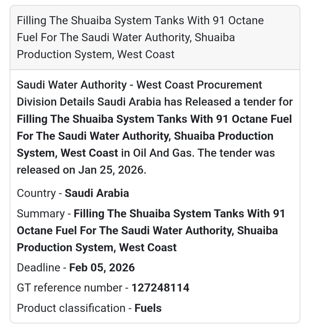 ⛽ Fuel Supply – Shuaiba Production System