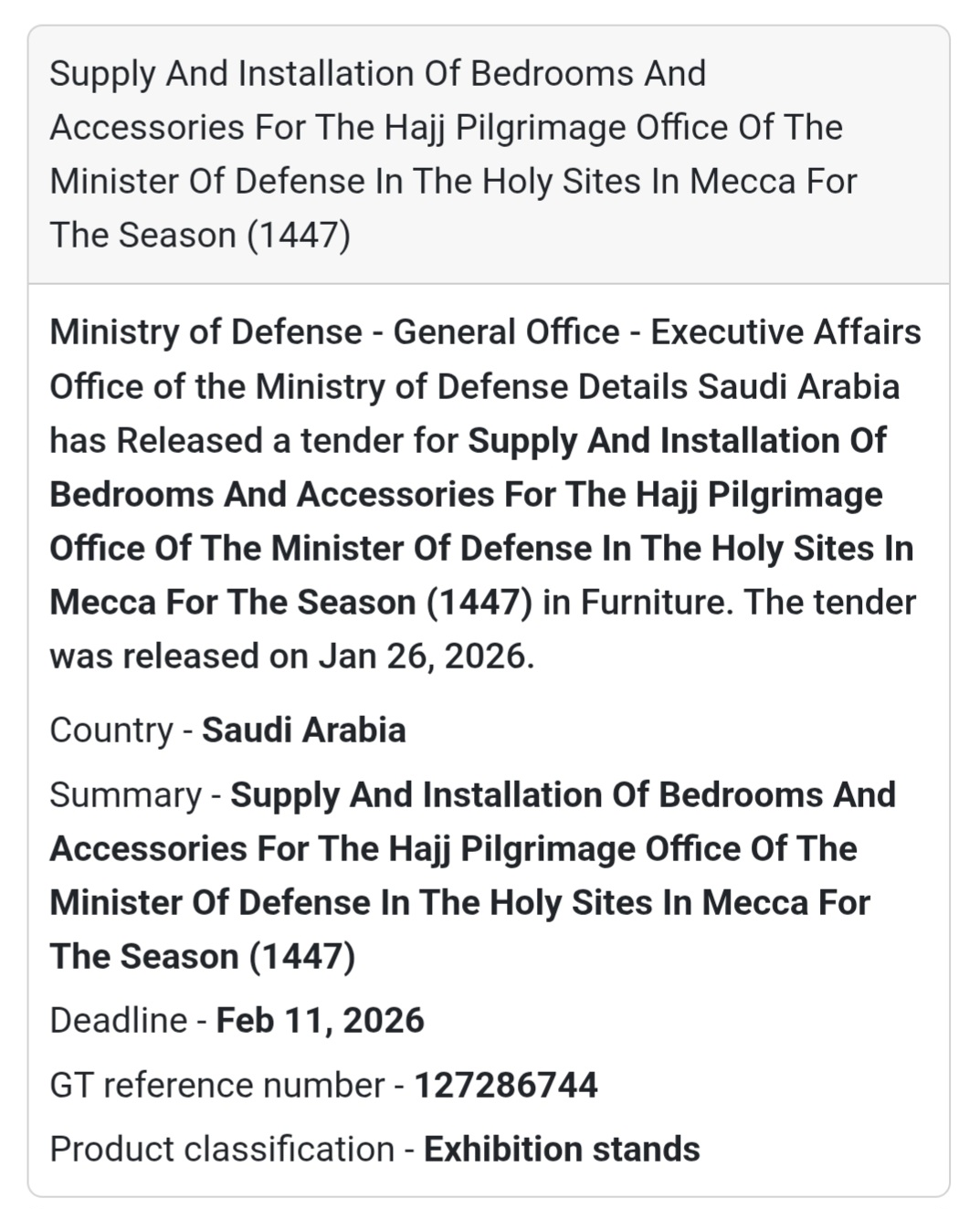 🛏️ Furniture Supply & Installation – Hajj Season 1447