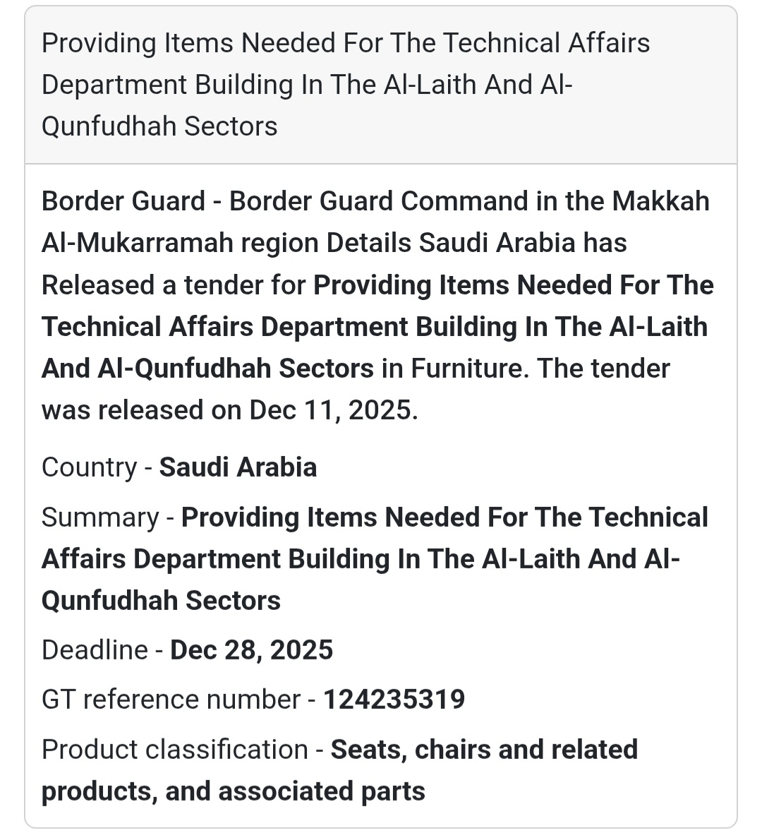 🪑 Furniture Supply Tender – Saudi Arabia 🇸🇦