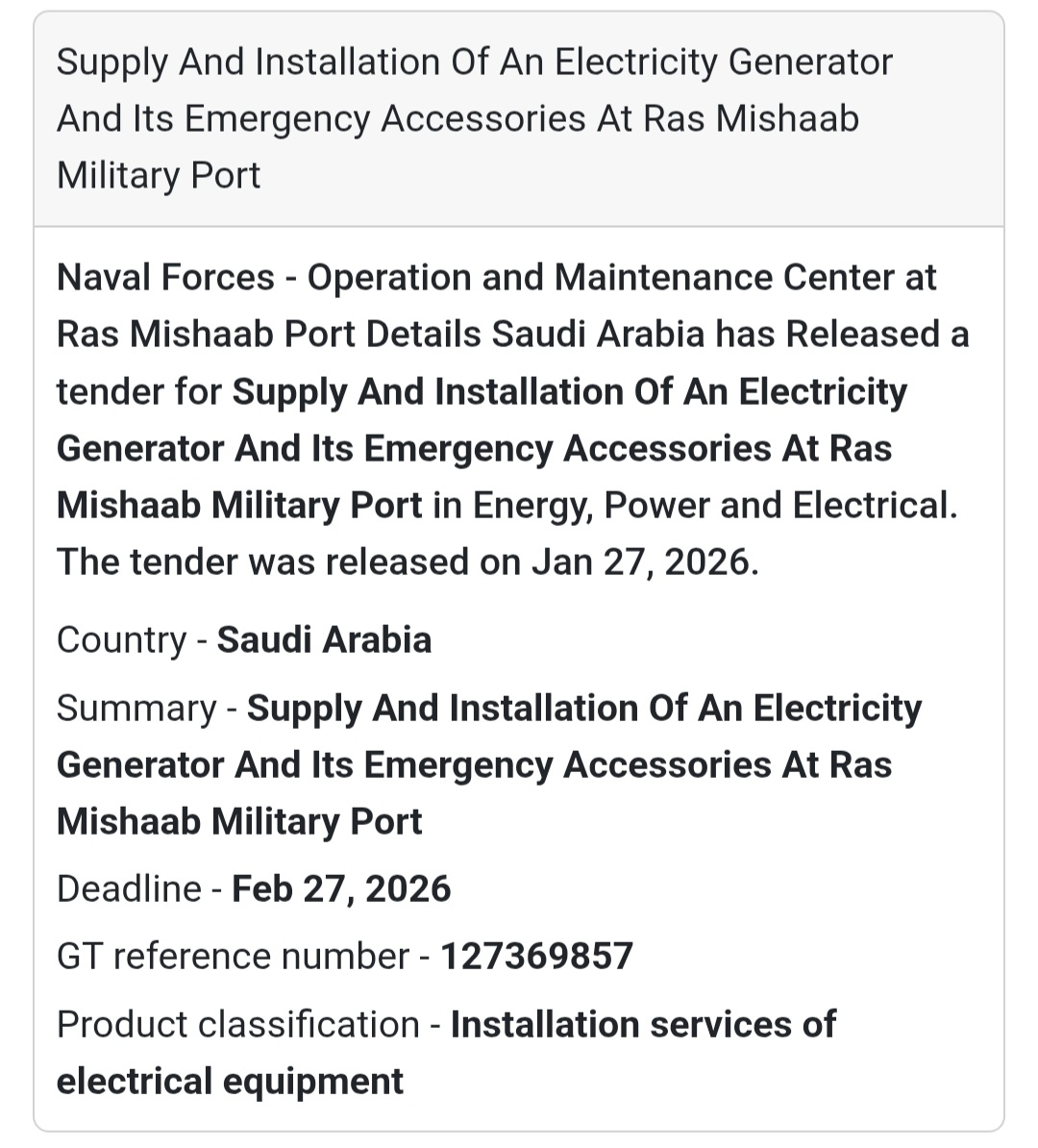 ⚡ Generator Supply & Installation – Ras Mishab Port