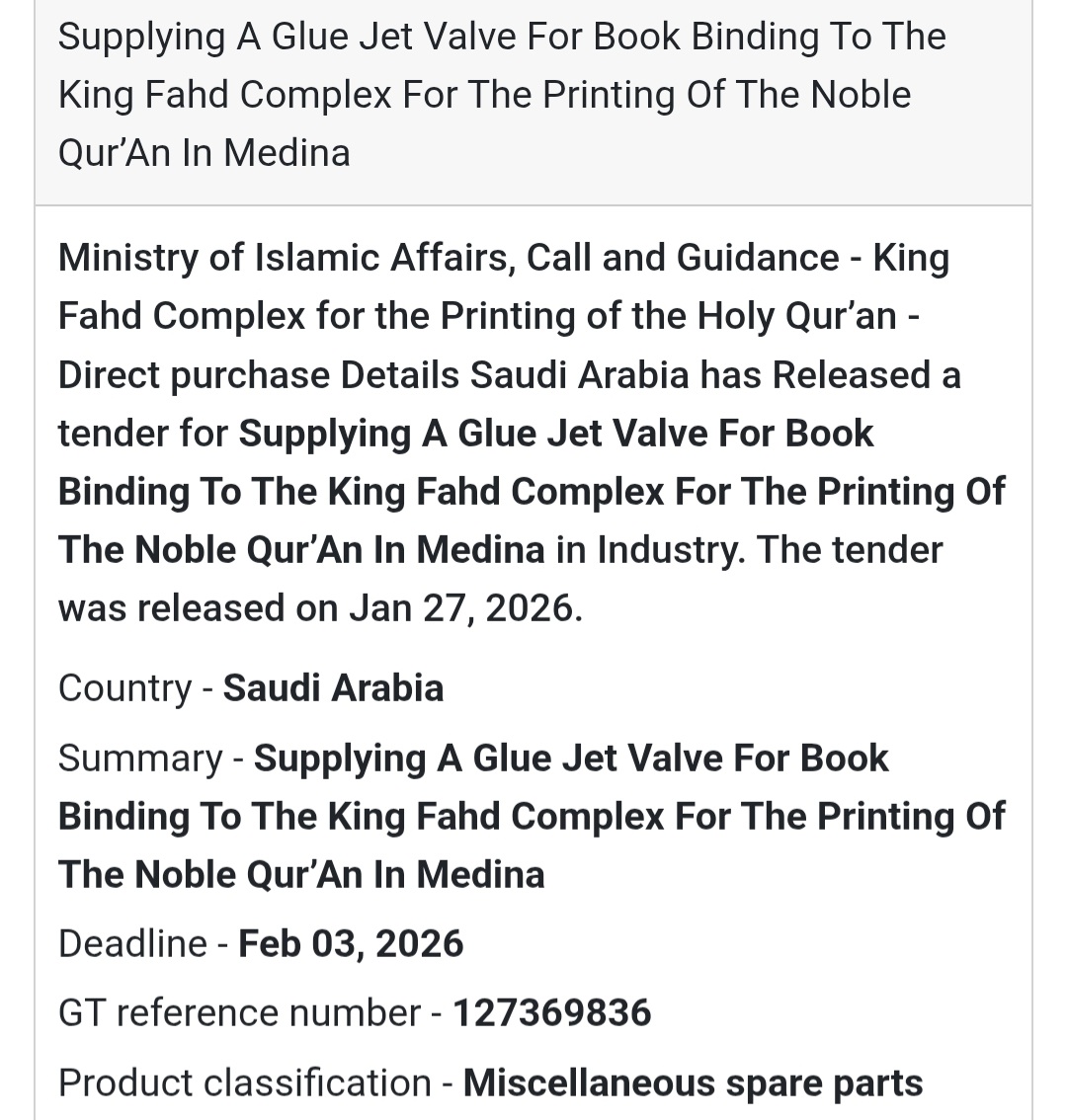 📘 Glue Jet Valve for Book Binding – King Fahd Complex