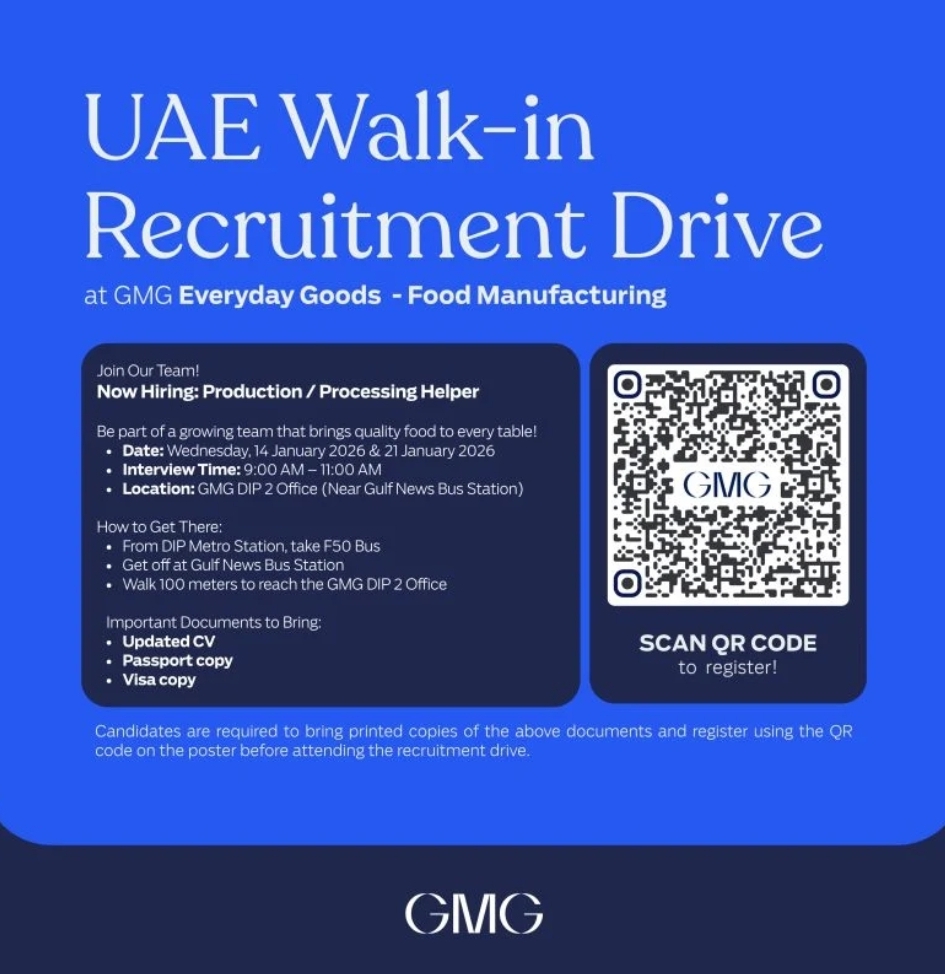 🏭 GMG UAE Walk-In Recruitment Drive 2026
