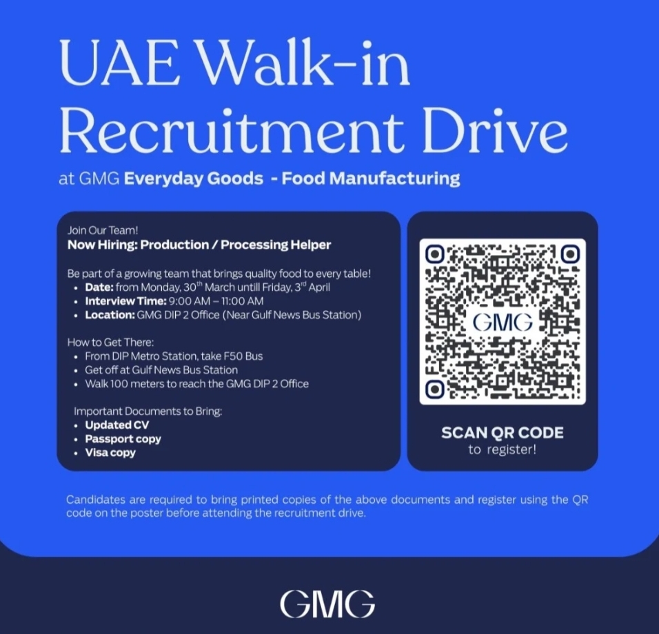 🏭 GMG UAE – Walk-in Recruitment 🇦🇪