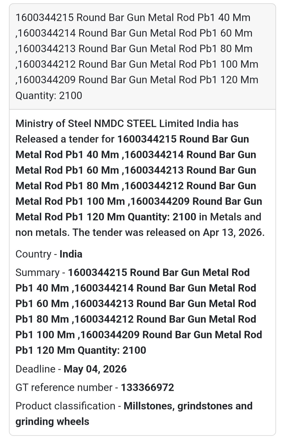 🔩 Gun Metal Rod Supply Tender