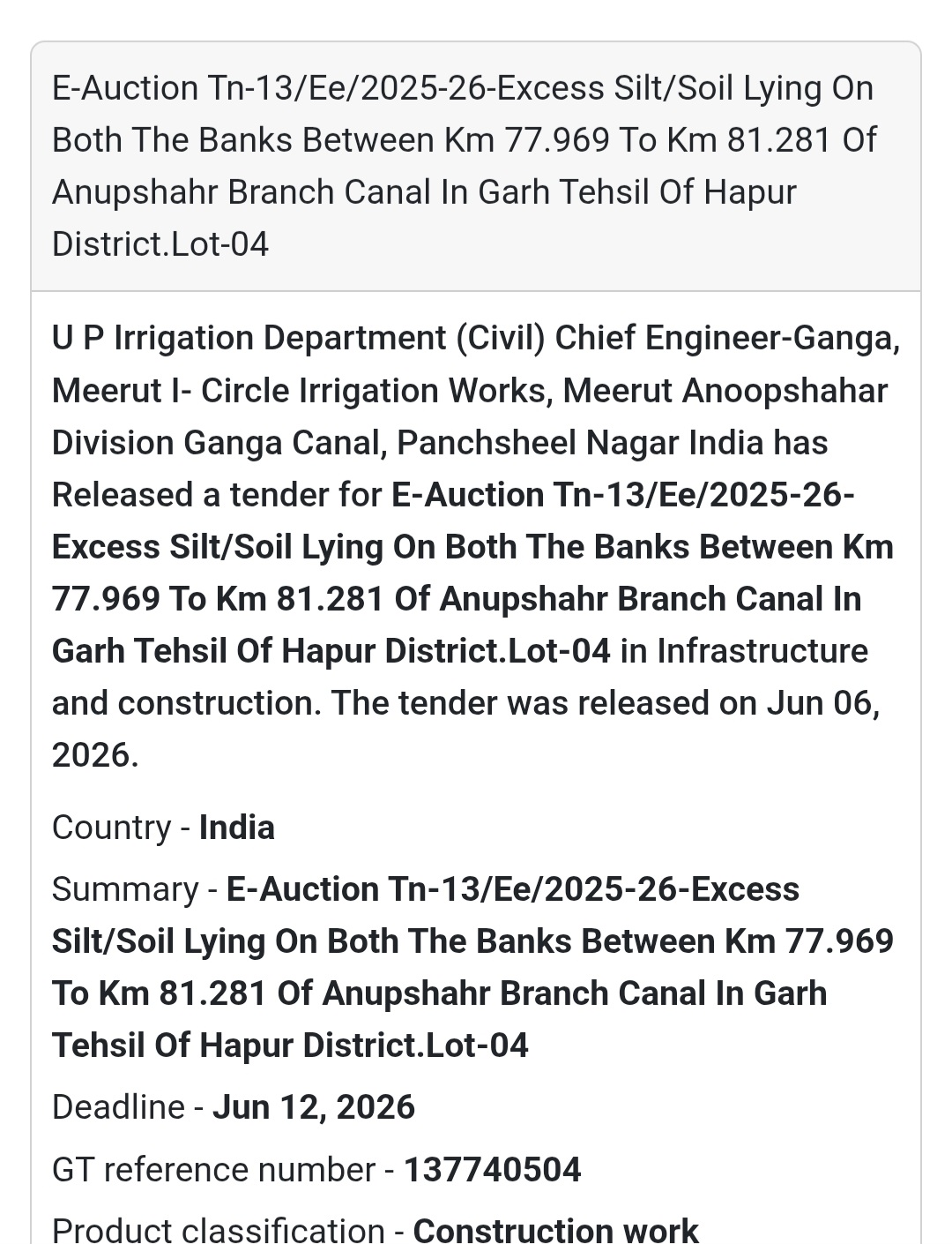 🚜 Hapur, Uttar Pradesh | Excess Silt/Soil from Anupshahar Branch Canal (Lot-04)