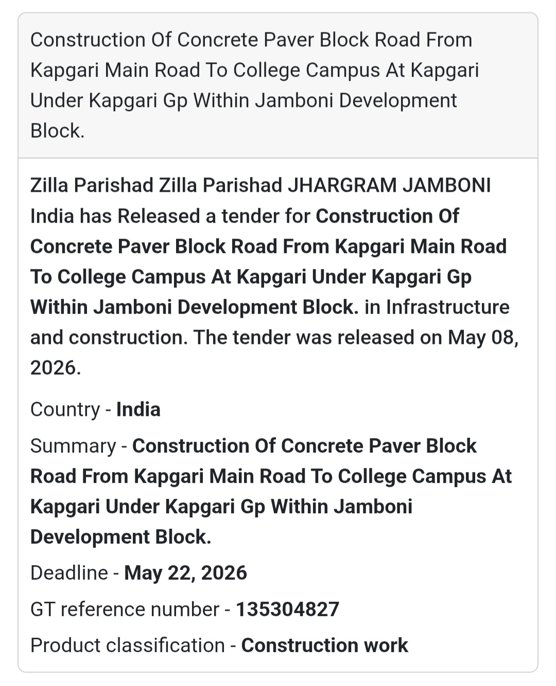 🛣️ Heading: Concrete Paver Block Road Construction Tender