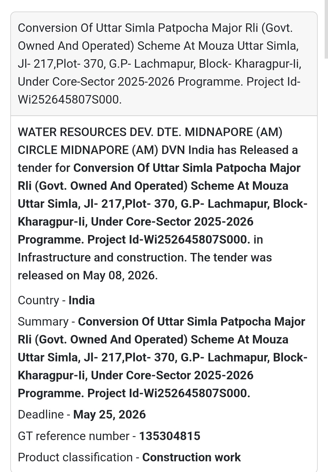 🌊 Heading: Conversion Scheme Tender Under Core-Sector Programme
