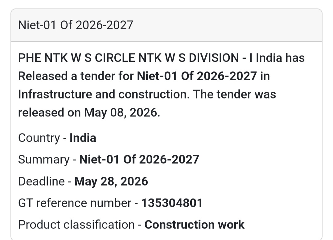 🚰 Heading: Infrastructure Tender NIET-01 Of 2026-2027 Announced