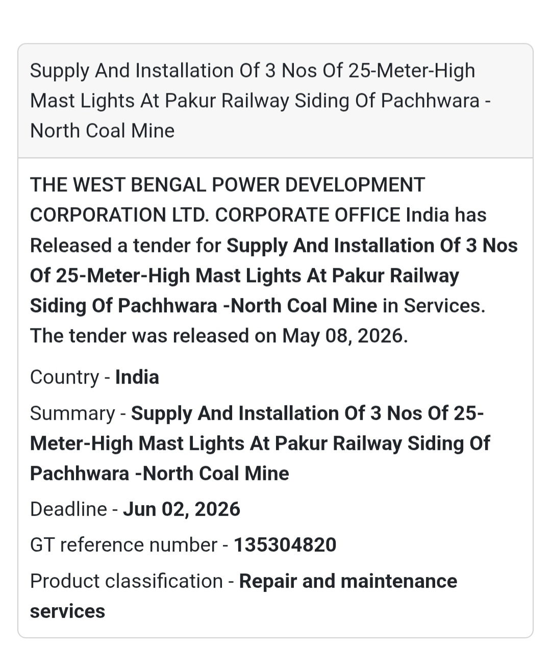 💡 Heading: Mast Light Installation Tender At Pakur Railway Siding