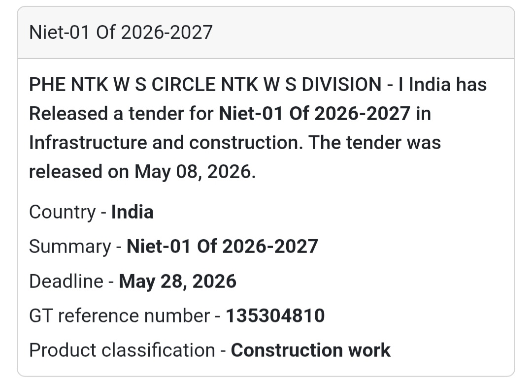 🚰 Heading: NIET-01 Of 2026-2027 Tender Announcement