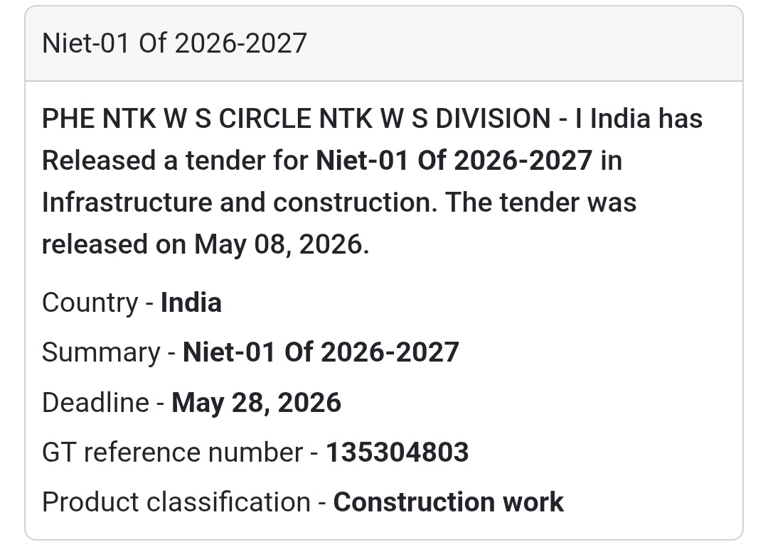 🚰 Heading: NIET-01 Of 2026-2027 Tender For Construction Work